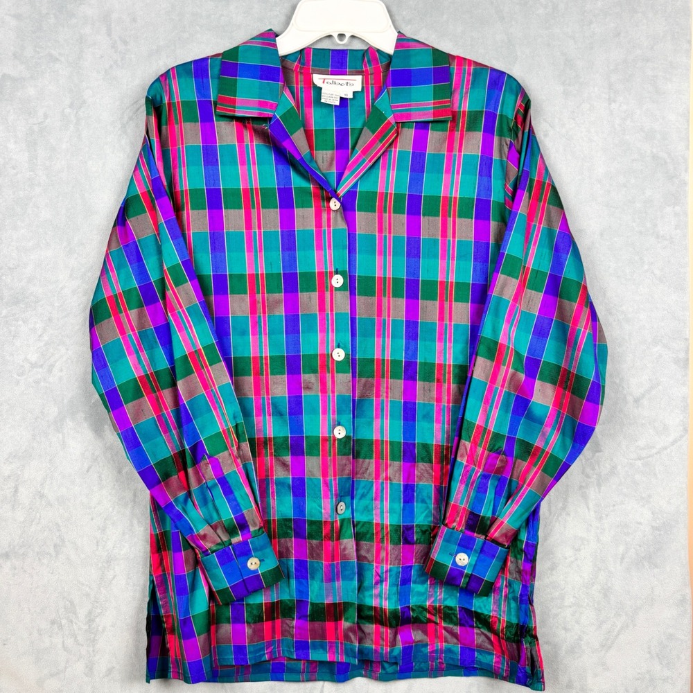 Talbots 100% Pure Silk Plaid Button Down Shirt Jewel Tone Green Blue Pink Sz 10